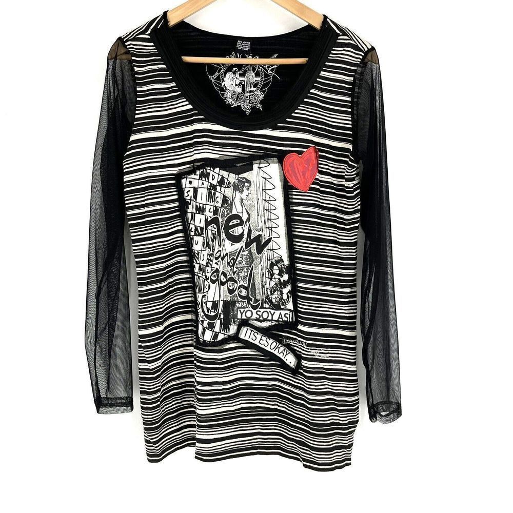 Desigual Black White Striped Mixed-Media Mesh Sleeve Top with Red Heart